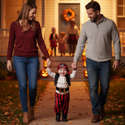 Bébé à l'Halloween dans son déguisement bebe pirate avec sa famille.