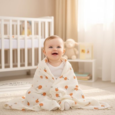 Bébé heureux assis dans sa chambre avec sa couverture bébé.