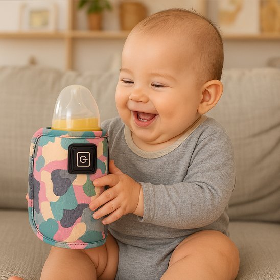 Bébé heureux en tenant son chauffe biberon portable tout seul.