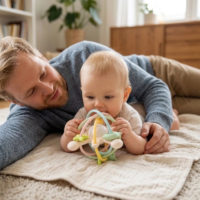 Bébé jouant avec son Anneau de dentition sensoriel en silicone sécuritaire.