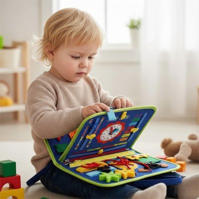 Bébé jouant avec son busy board bebe vert.