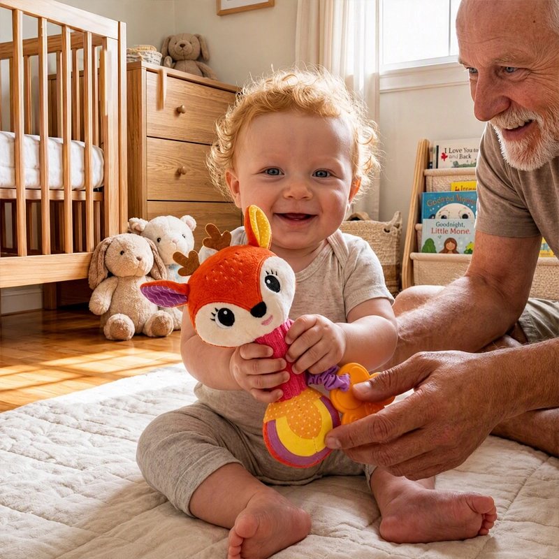 Bébé jouant avec son hochet pour bébé cerf amusant.
