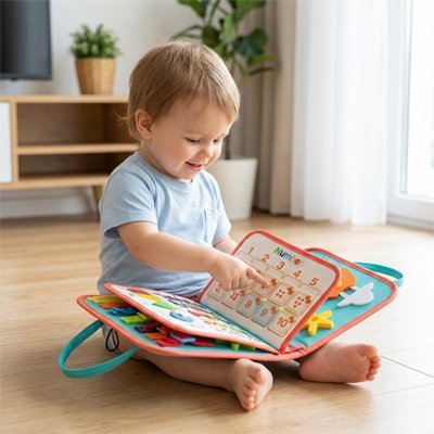 Bébé joue avec son busy board bebe jouet de voyage.