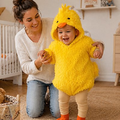 Bébé joyeux de porter son déguisement bébé poussin jaune.