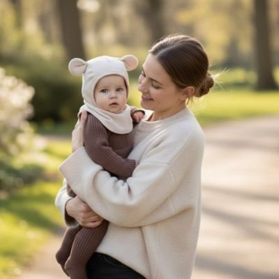 Bébé portant sa cagoule bebe en polaire beige au printemps.