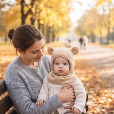 Bébé portant sa cagoule bebe en polaire kaki en automne.