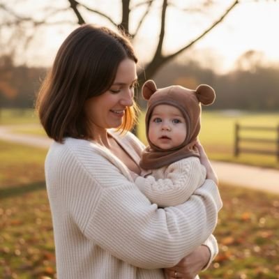 Bébé portant sa cagoule bebe en polaire café en automne.