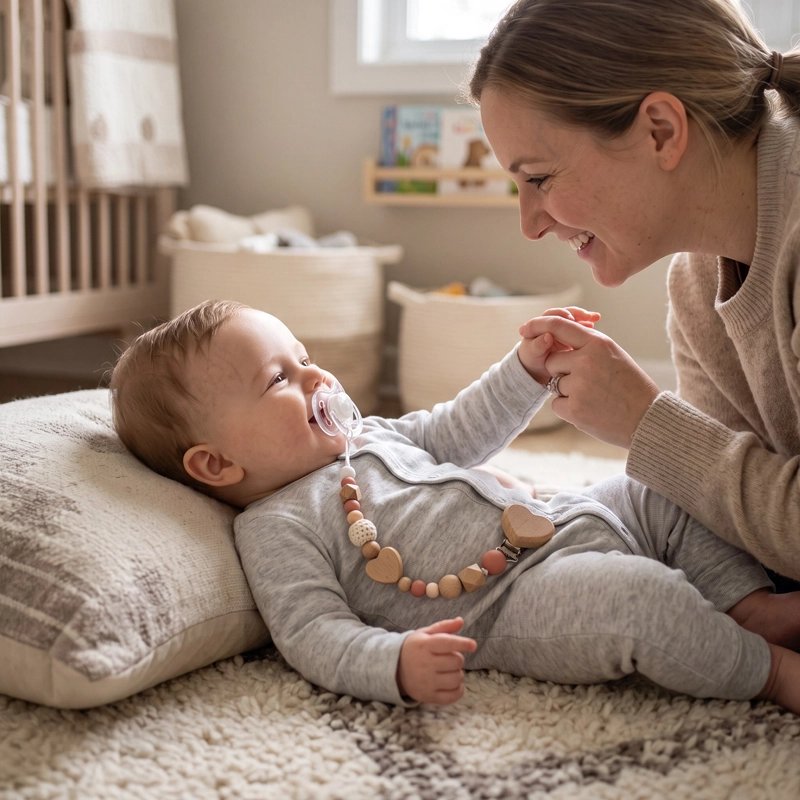 Bébé portant son attache tetine en bois et silicone rose foncé.