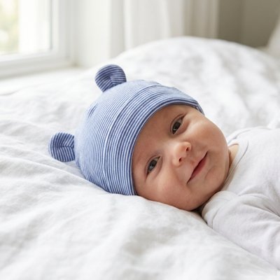 Bébé portant son bonnet bebe rayé bleu avec mignonnes oreilles.