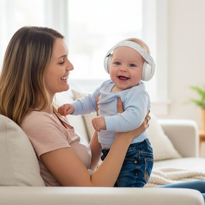 Bébé portant son casque anti bruit bébé protection auditive.