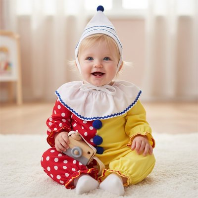 Bébé portant son déguisement bébé clown jaune et rouge.