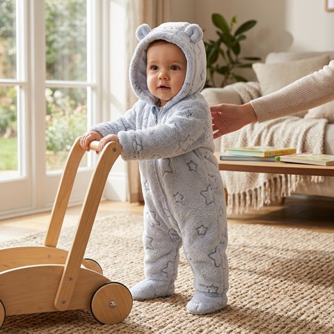Bébé poussant un jouet et portant sa combinaison bébé bleue étoilée.