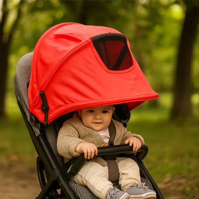 Bébé protégé du soleil par son Par soleil pour poussette​ rouge.