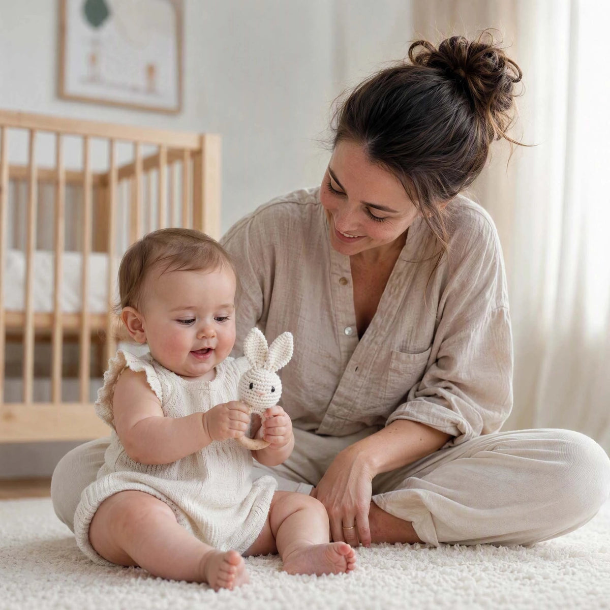 Bébé qui tient son hochet bébé lapin en coton crocheté et bois naturel.