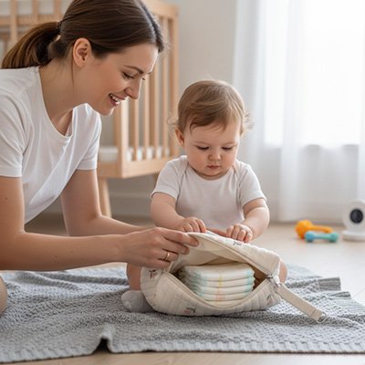 Bébé regarde les tulipes sur sa trousse de toilette bebe.