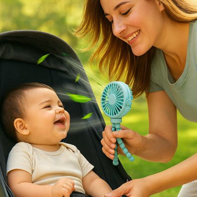 Bébé rigole alors que maman lui envoie l'air frais du mini ventilateur.