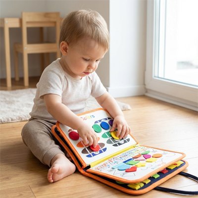 Bébé s'amuse avec son busy board bebe orange.