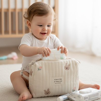 Bébé sort une couche de sa trousse de toilette bebe.