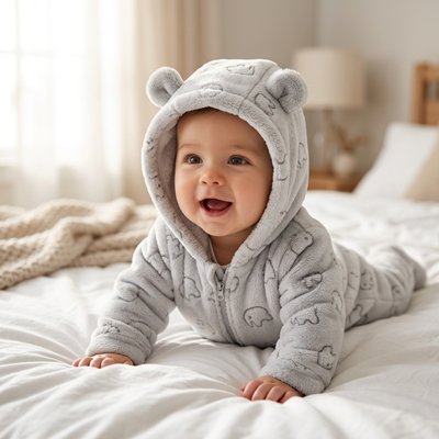 Bébé sur le lit dans sa combinaison bébé grise avec motifs éléphants.