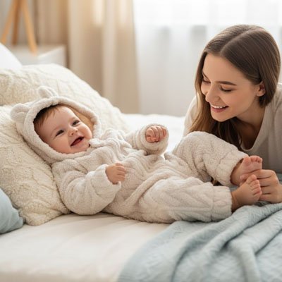 Bébé sur le lit dans sa combinaison hiver pour bebe beige.