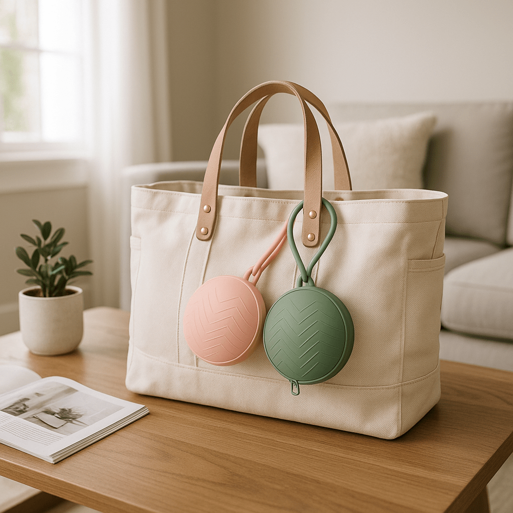Deux boites a tetines pratiques accrochées sur un sac à langer.