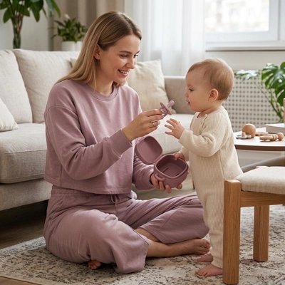 Boite a tetine​ pour sucette bébé en silicone alimentaire violet.