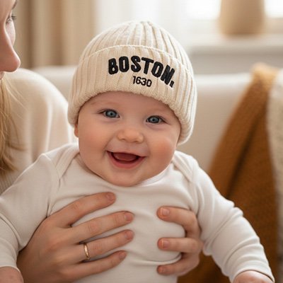 Bonnet bebe Boston en tricot beige.