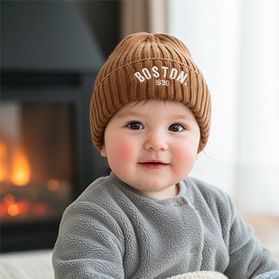 Bonnet bebe boston en tricot caramel.