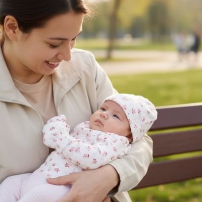 Bonnet bébé fille fleuri avec mitaines assorties.