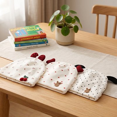 Bonnet bebe printemps offert en trois motifs originaux.