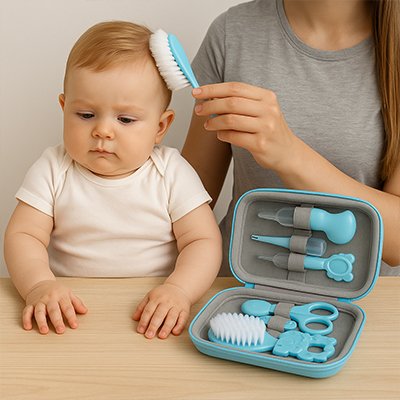 Brosse à poils souples incluse dasn la trousse de toilette bebe.
