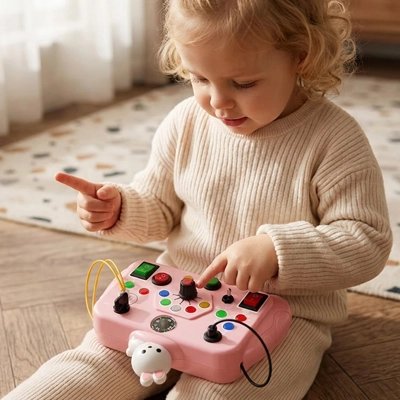 Busy board bebe rose jouet pour occuper bébé en voyage.