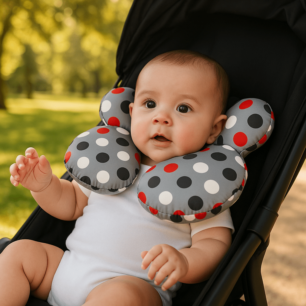 Cale tete bebe protecteur cervical aux motifs à pois.