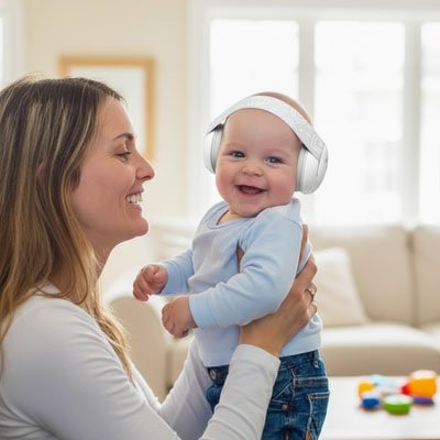 Casque anti bruit bébé 2 en 1 blanc conçu pour les bébés.