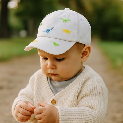 Casquette bebe blanche brodée de petits dinosaures colorés.