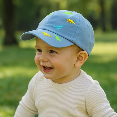 Casquette bebe bleue brodée de petits dinosaures colorés.