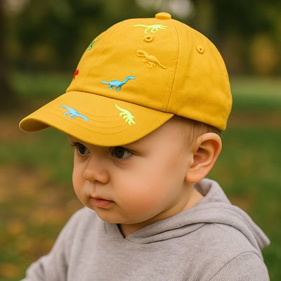 Casquette bebe jaune brodée de petits dinosaures colorés.