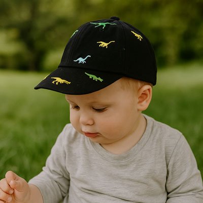 Casquette bebe noir brodée de petits dinosaures colorés.