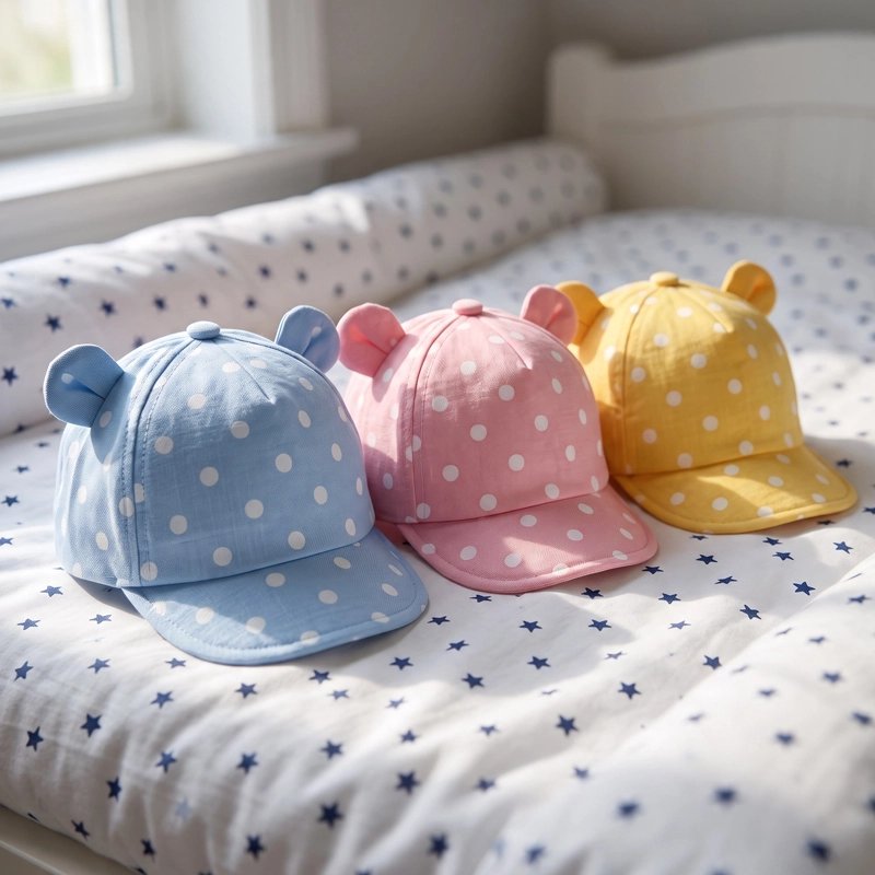 Casquette pour bebe au motif à pois, offerte en trois coloris.