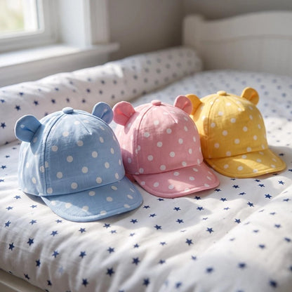 Casquette pour bebe au motif à pois, offerte en trois coloris.