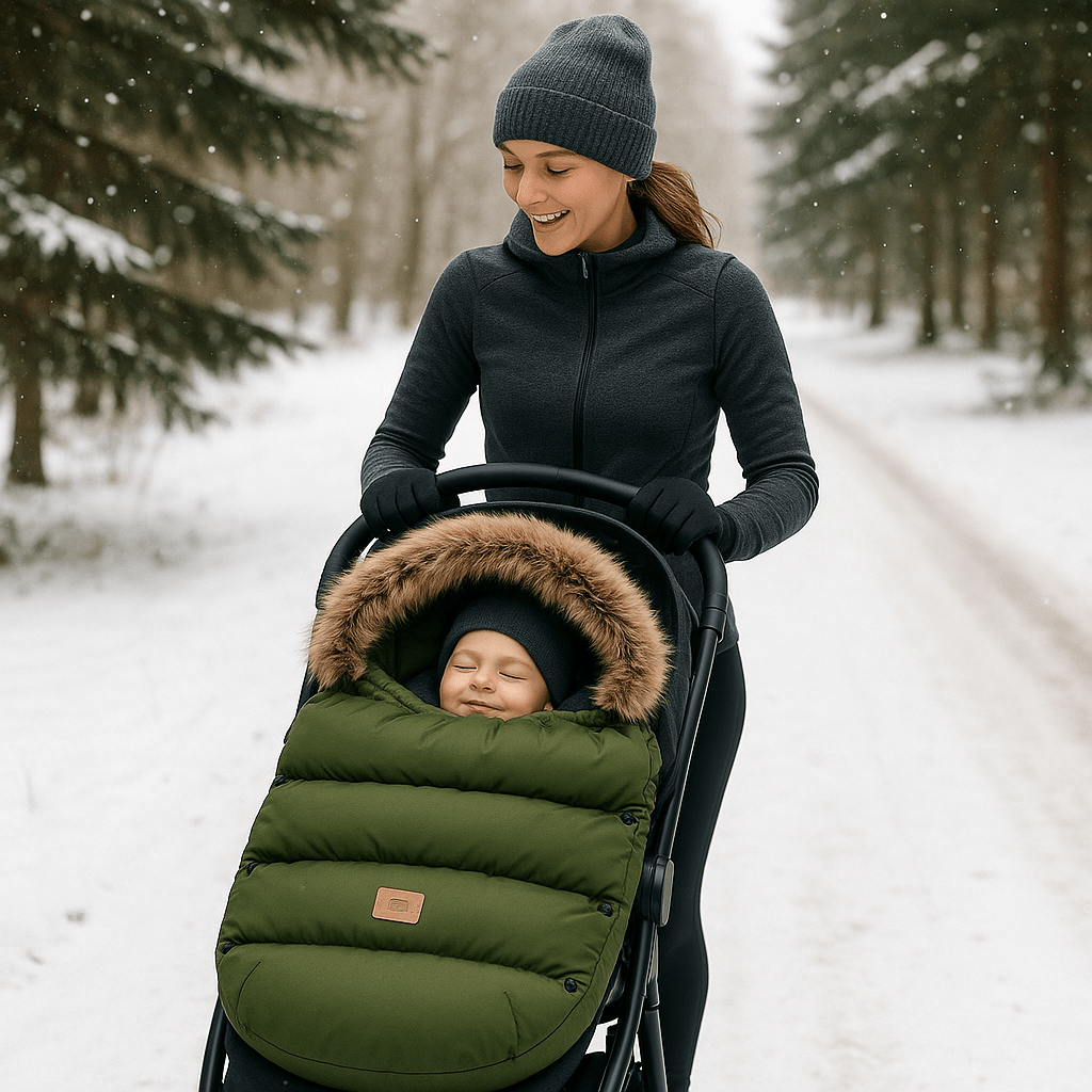 Maman sportive en promenade hivernale avec chanceliere bebe verte.