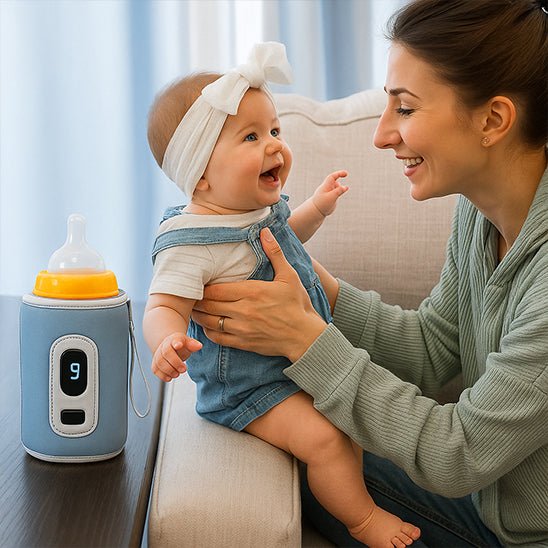 Maman amuse bébé et chauffe biberon nomade ciel sur la table.