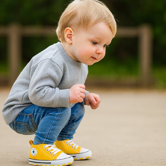 Enfant accroupi portant chaussure bebe en toile jaune
