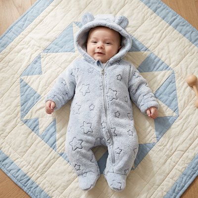 Combinaison bébé en polaire bleu pâle douce avec motifs étoiles.