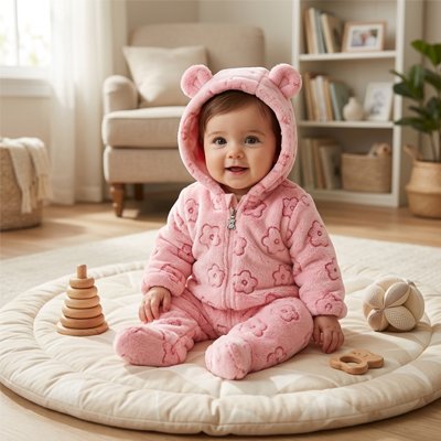Combinaison bebe en polaire douce rose avec des fleurs.