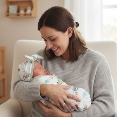 Maman tenant son bébé dans sa couverture d'emmaillotage.