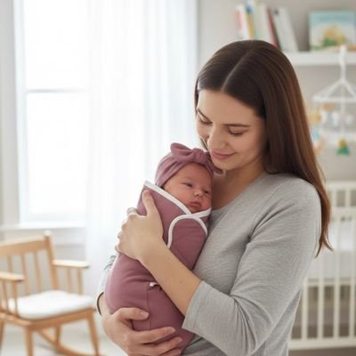 Bébé endormie dans les bras de maman dans sa couverture d'emmaillotage rose.
