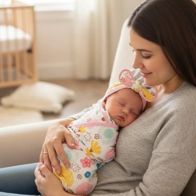 Bébé endormie sur sa maman dans sa couverture d'emmaillotage fleurie.