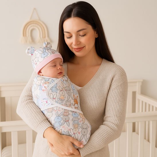 Couverture enveloppante bebe 100 % coton motifs lapins roses.