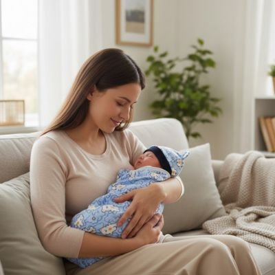 Couverture enveloppante bebe bleue avec petit bonnet assorti.
